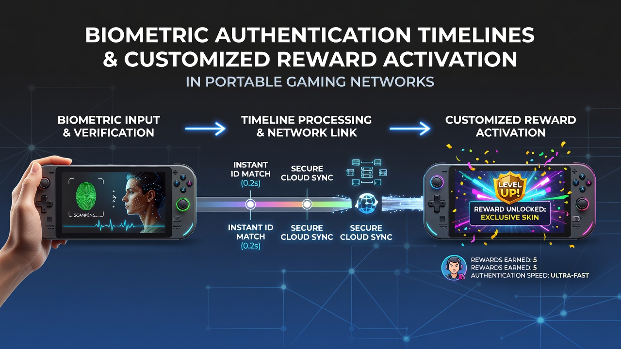 Diagram showing biometric authentication process flow in mobile gaming devices with timeline markers