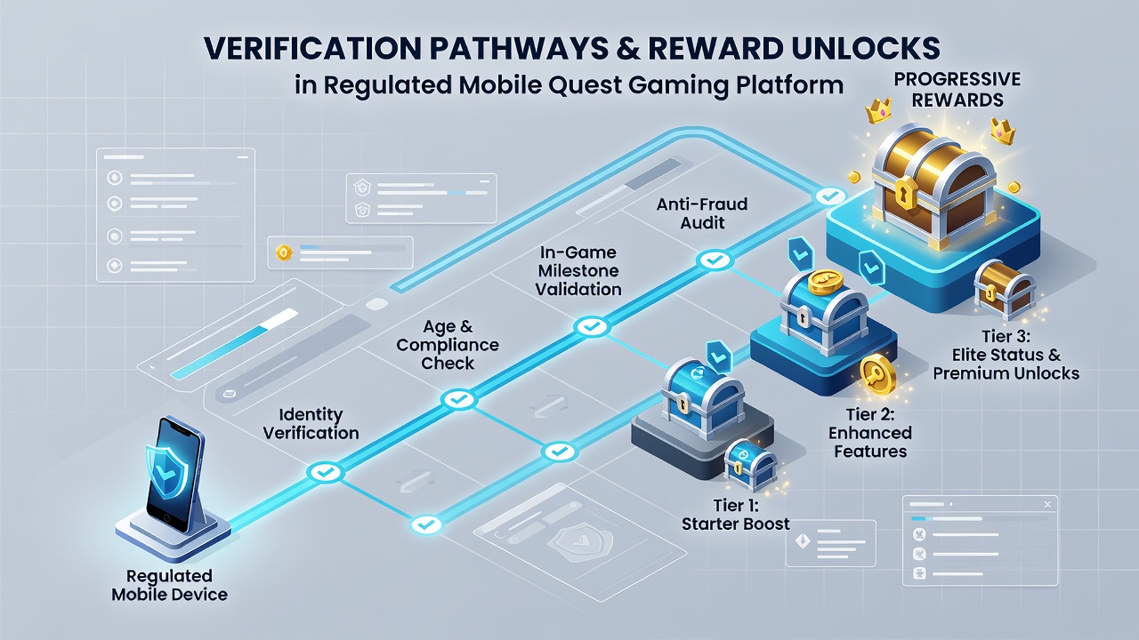 Diagram depicting data flows between verification modules and reward unlock stages in mobile gaming apps