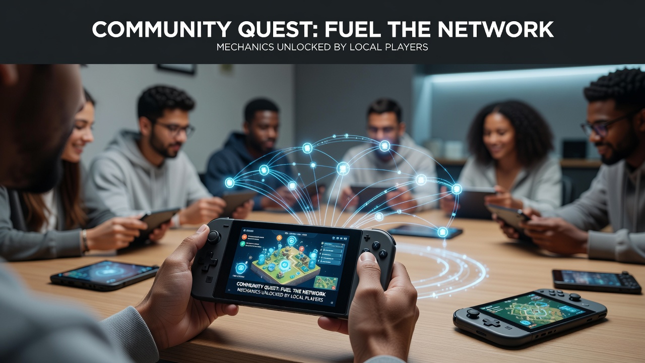 Players collaborating on custom quest designs through mobile community platforms and handheld device interfaces