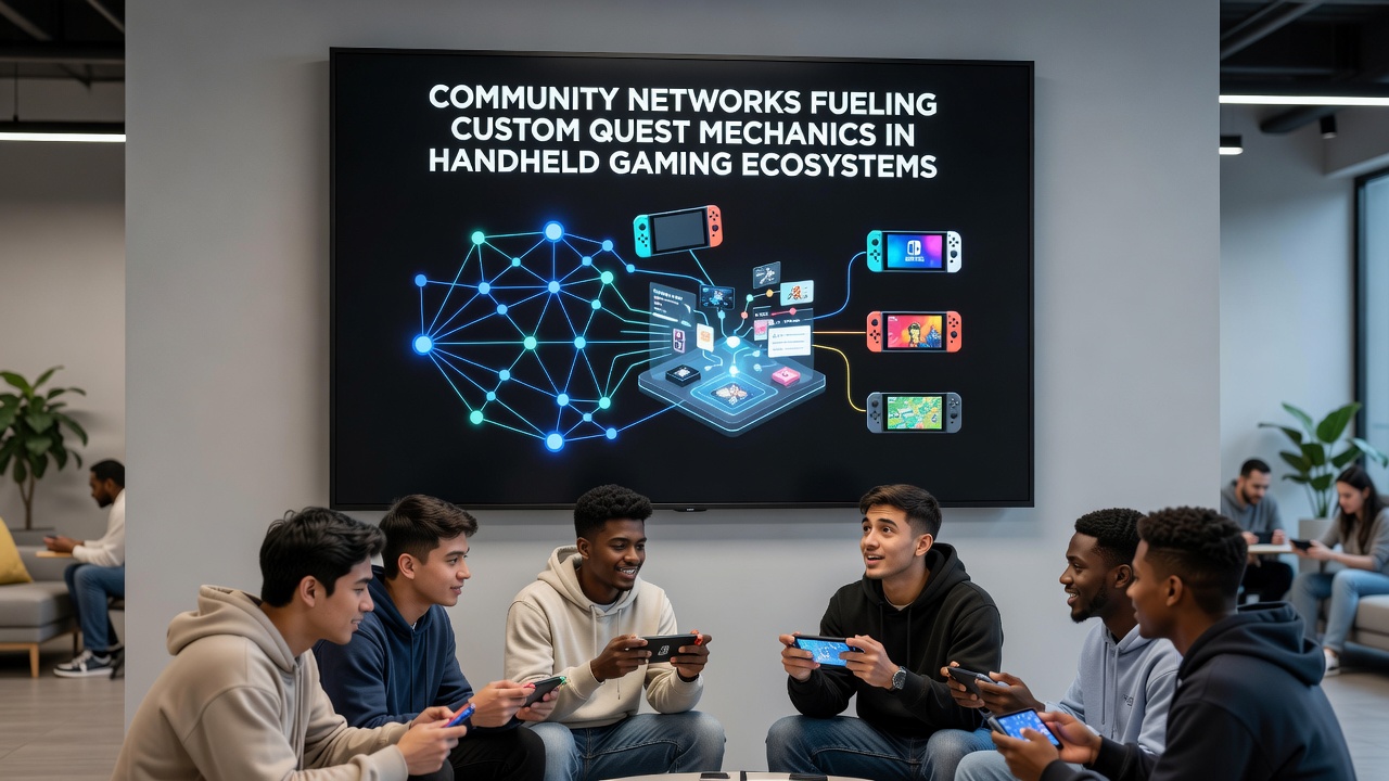 Handheld gaming devices displaying interconnected quest maps generated from community network contributions