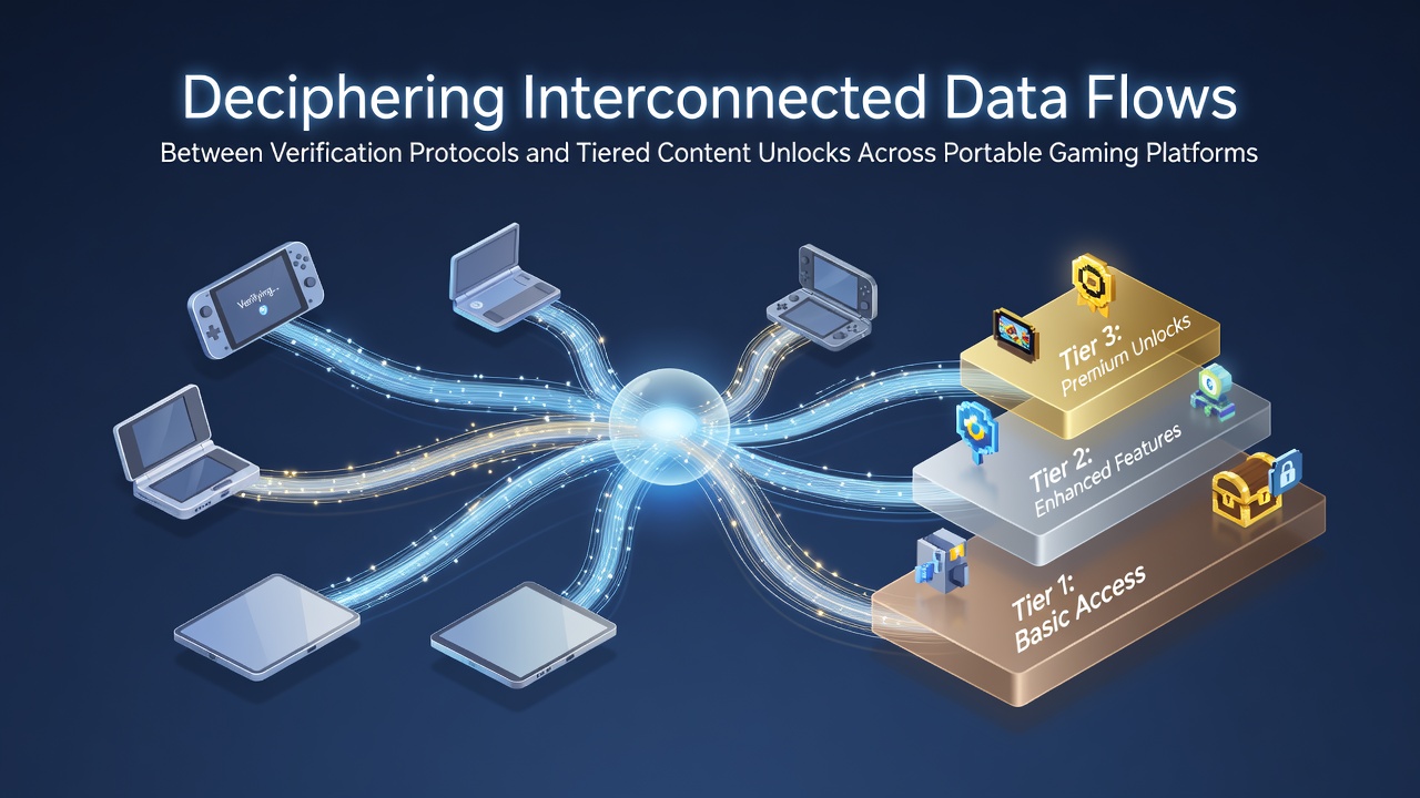 Abstract visualization of data flows connecting verification systems and content unlock tiers in mobile gaming environments