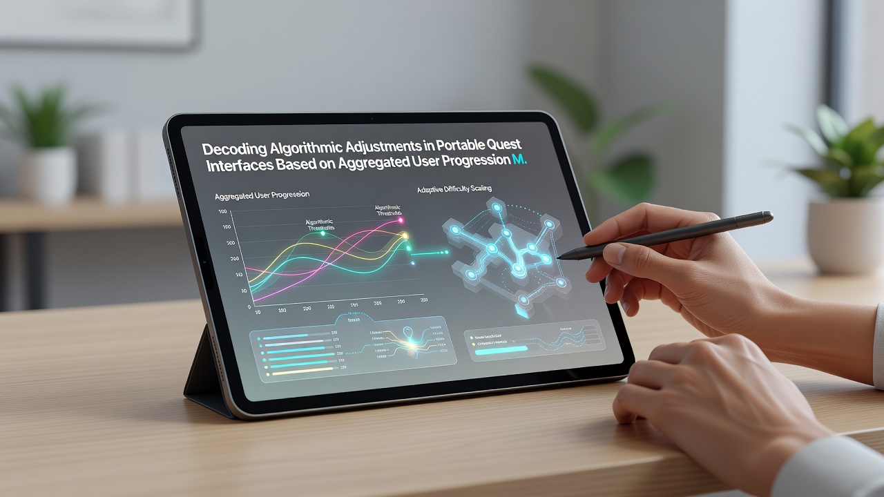 Analytics dashboard showing aggregated user progression metrics feeding into quest interface adjustments on multiple mobile screens