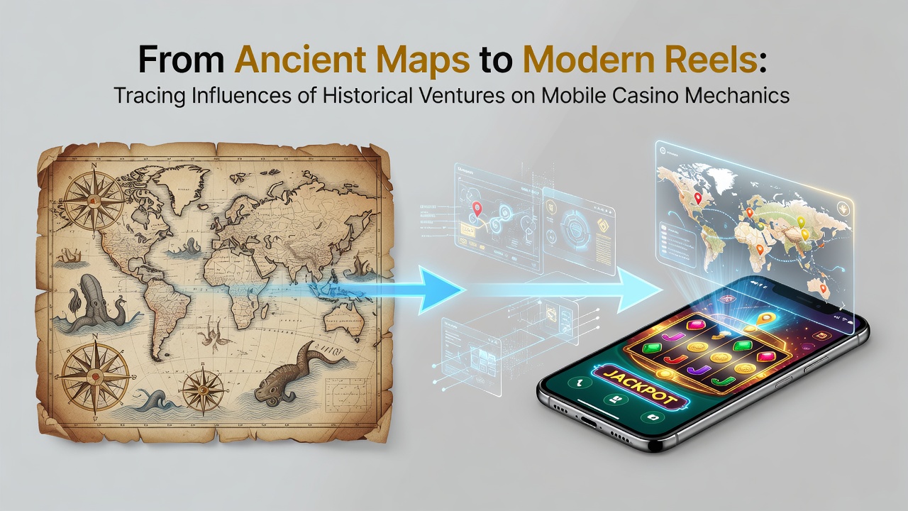 Close-up of mobile slot reels featuring historical exploration symbols and map overlays