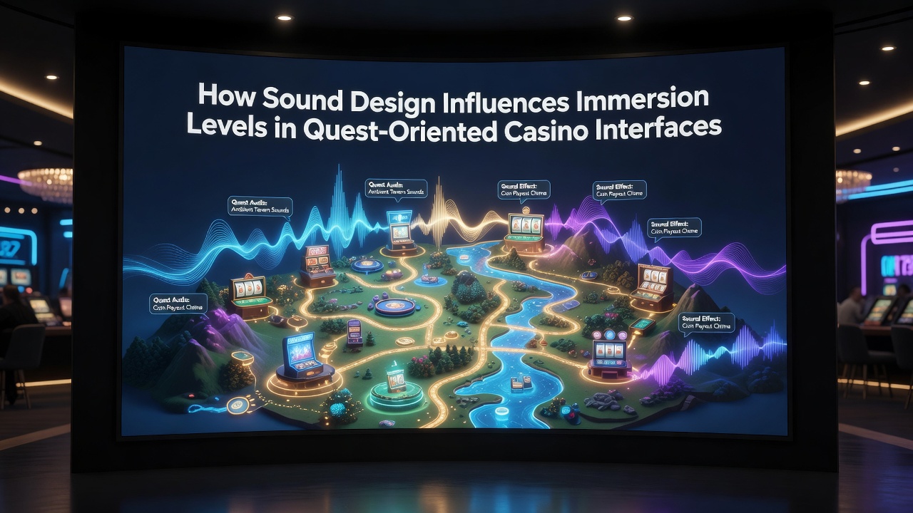 Illustration of layered audio elements enhancing a quest-based casino game interface with ambient sounds and narrative cues