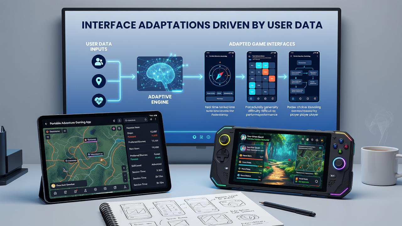Mobile device displaying adaptive quest interface elements adjusted via user behavior analytics