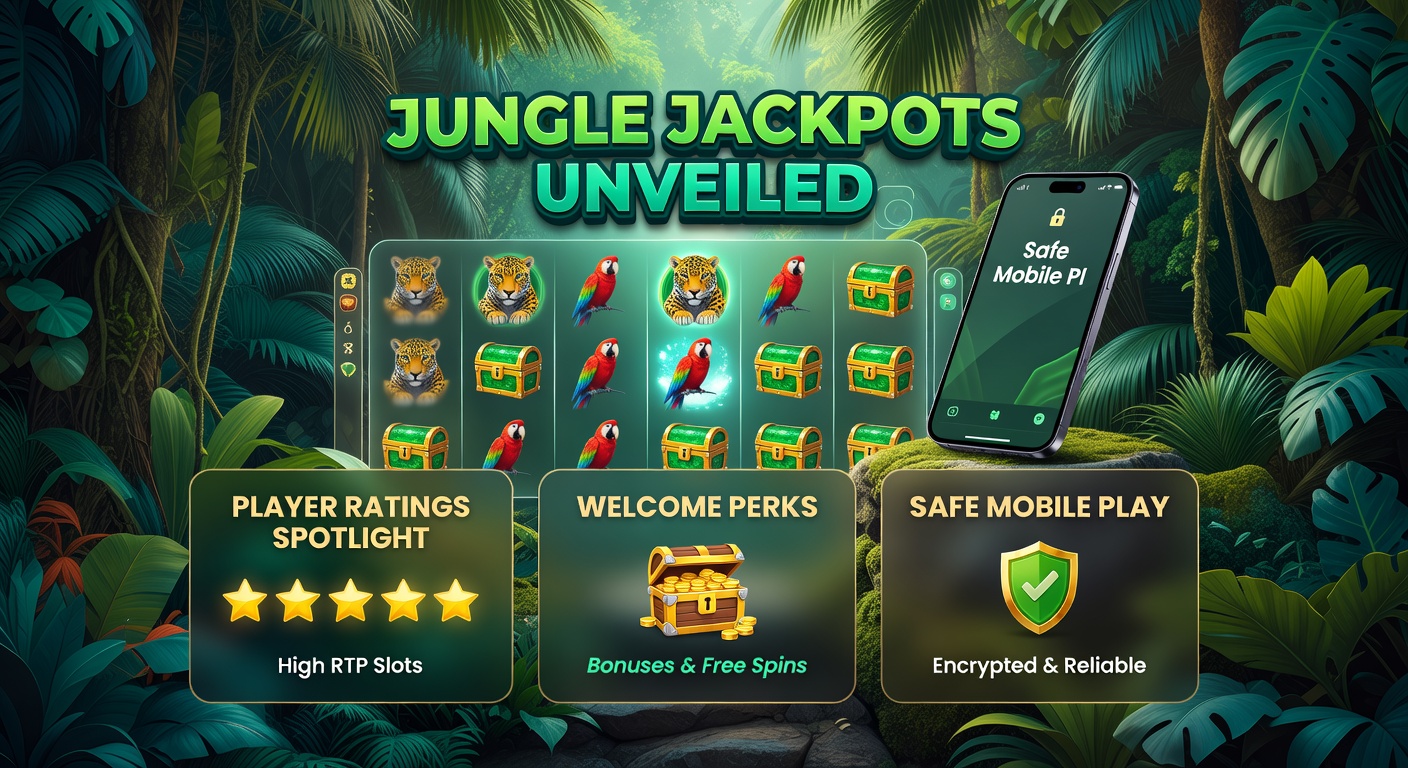 Mobile screen showing welcome bonus offer with free spins on jungle slots, overlaid on a tropical casino app interface