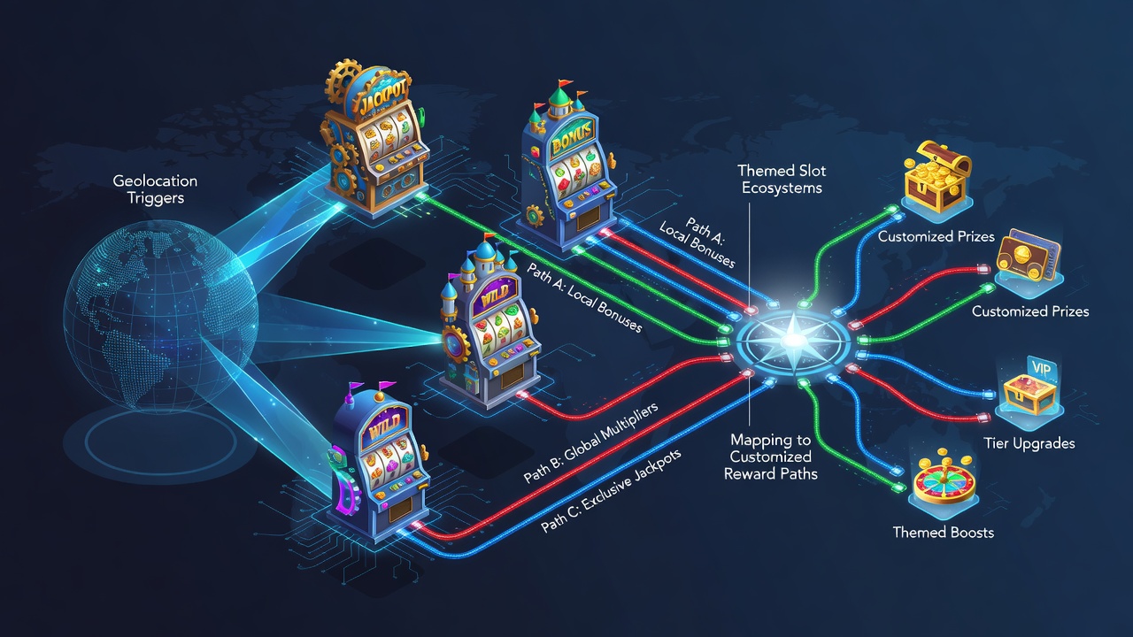 Geolocation mapping interface showing themed slot reward pathways triggered by location data