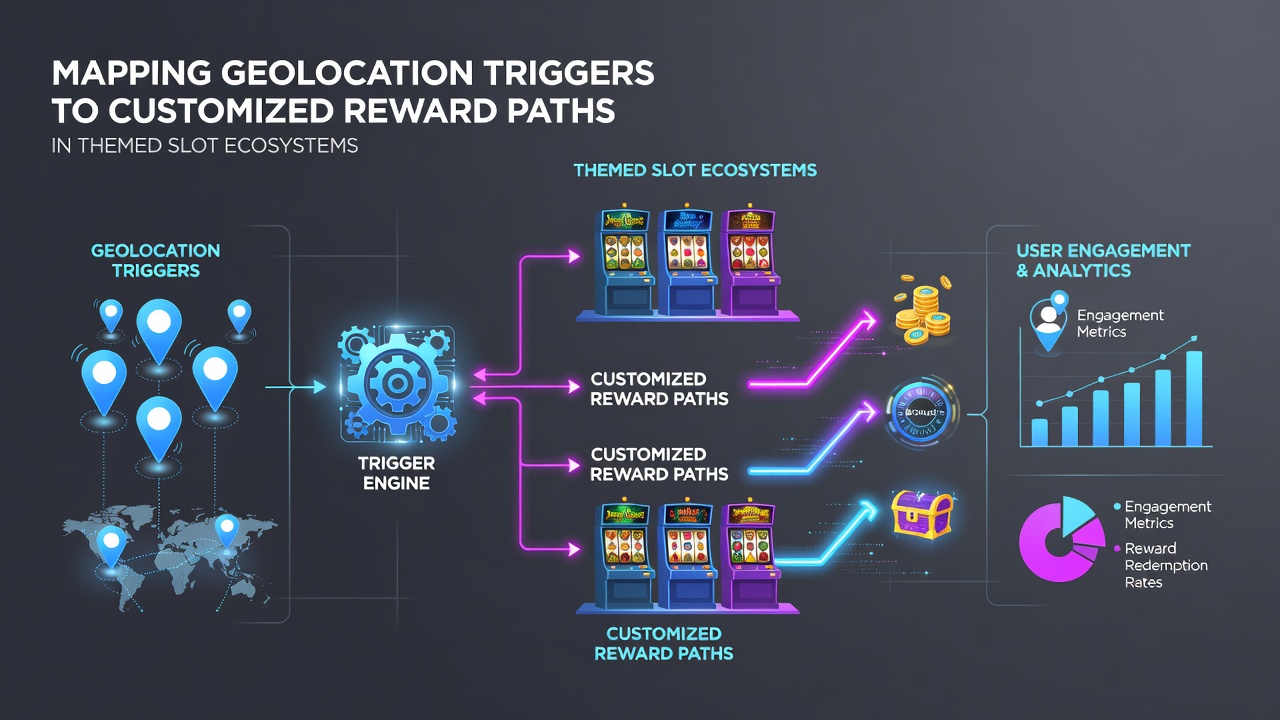 Themed slot ecosystem dashboard displaying geolocation reward path mappings and trigger points