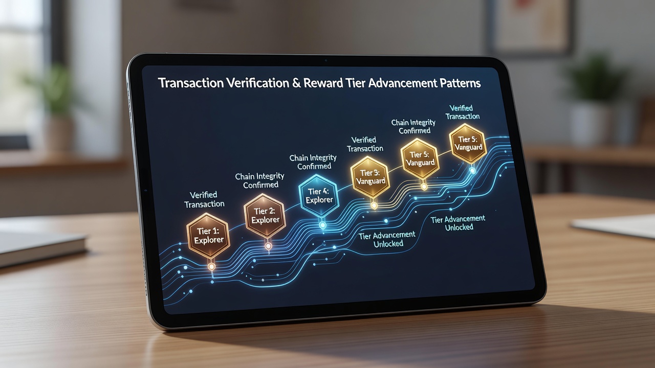 Handheld device displaying quest interface with transaction verification prompts and reward tier progress indicators