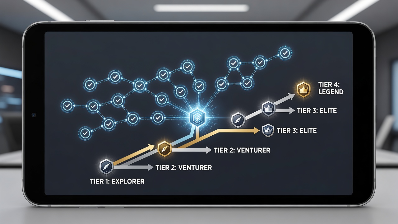 Mobile screen showing reward tier advancement after successful transaction verification in a quest interface