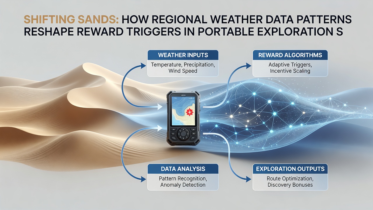 Mobile device displaying exploration simulation with dynamic weather overlay affecting reward indicators