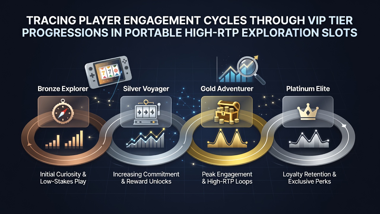 Diagram illustrating VIP tier progression paths in portable high-RTP exploration slots with engagement metrics overlaid