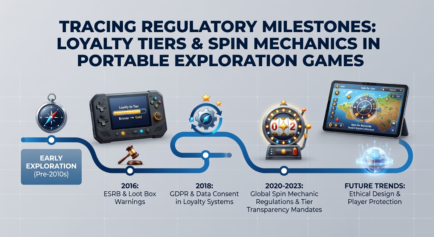 Timeline graphic showing key regulatory changes affecting loyalty programs and spin features in mobile exploration games from 2010 onward