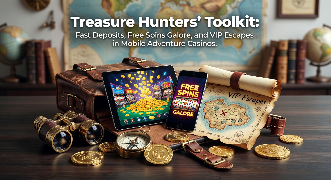 Treasure hunter navigating a mobile casino app with fast deposit icons and spinning reels in an adventure-themed interface